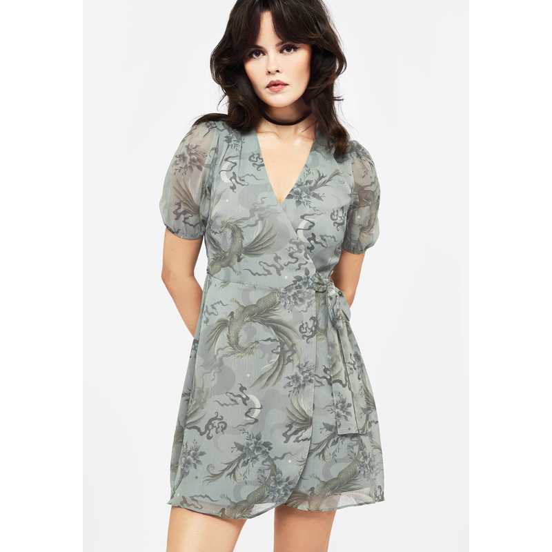 Sapphira Dragon Print Chiffon Mini Wrap Dress