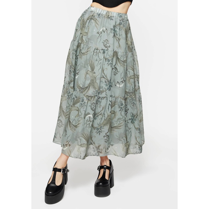 Sapphira Dragon Print Chiffon Tiered Maxi Skirt