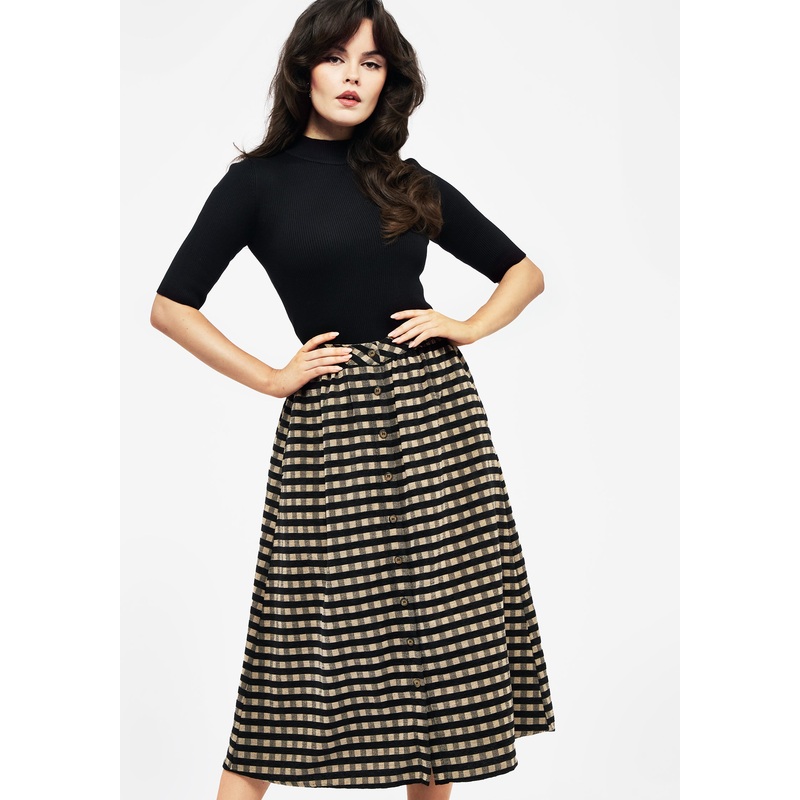 Sensus Check Button Front Midi Skirt