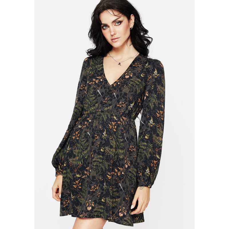 Wither Fern Print Balloon Sleeve Mini Dress