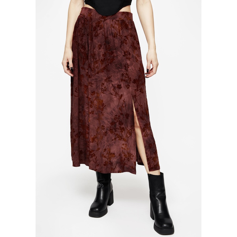 Wytchelm Floral Flocked Velour Midaxi Skirt – Red