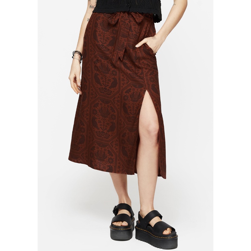 Annabel Raven Print Split Front Midi Skirt – Rust