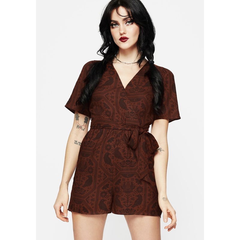 Annabel Raven Print Tie Waist Playsuit – Rust