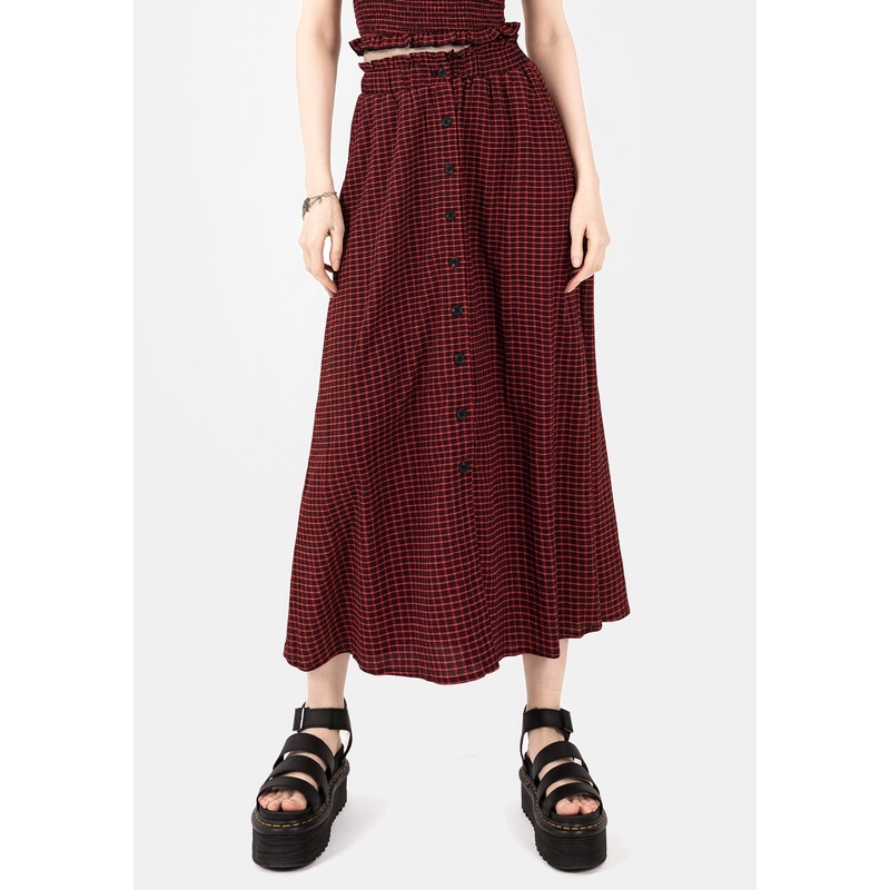 Carmine Textured Check Button Up Midaxi Skirt