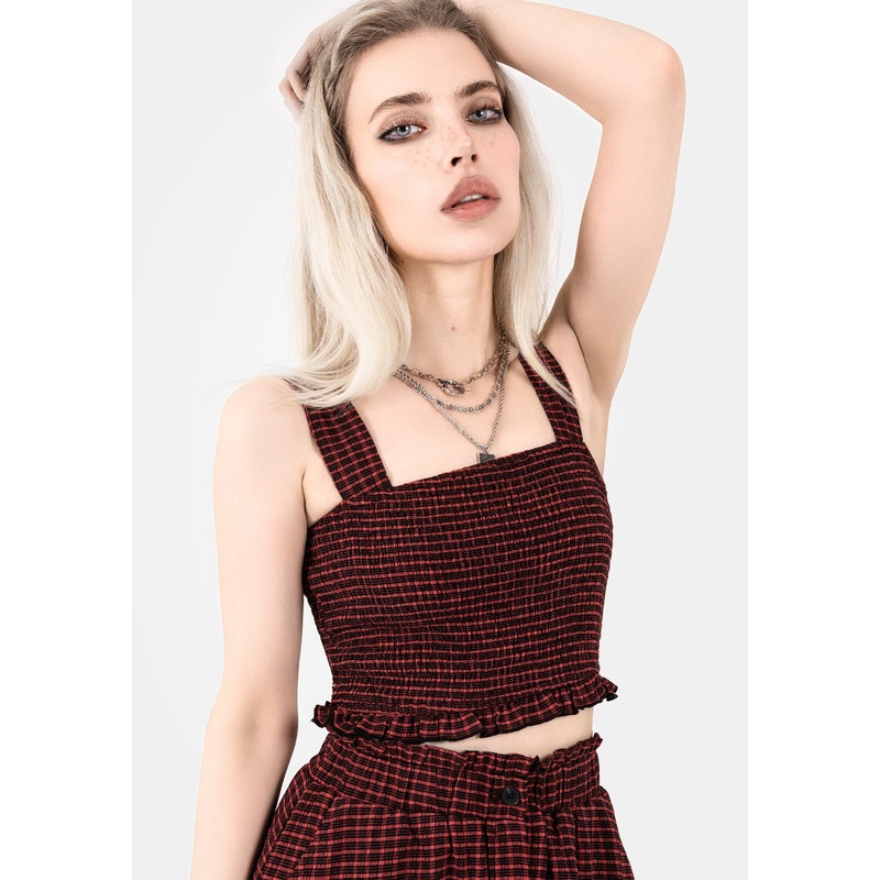 Carmine Textured Check Crop Top