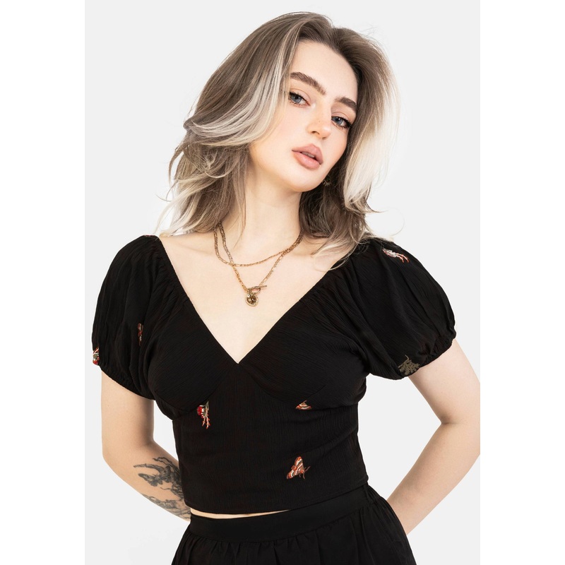 Copia Moth Embroidered Cotton Puff Sleeve Top