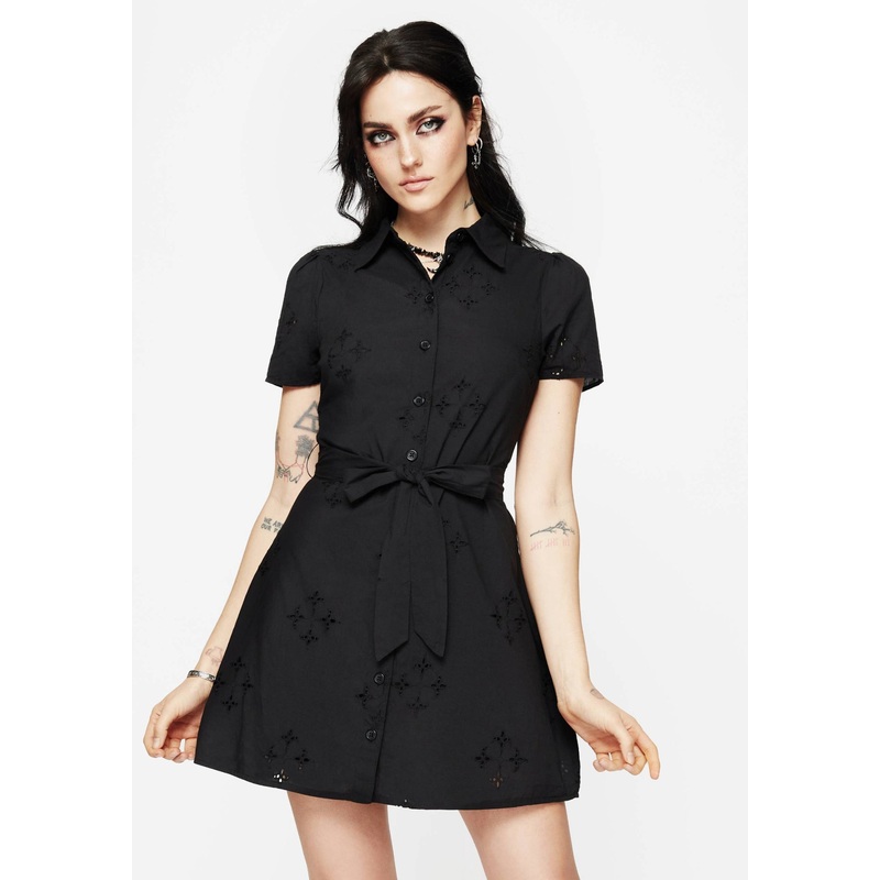 Crux Broderie Cotton Belted Mini Shirt Dress