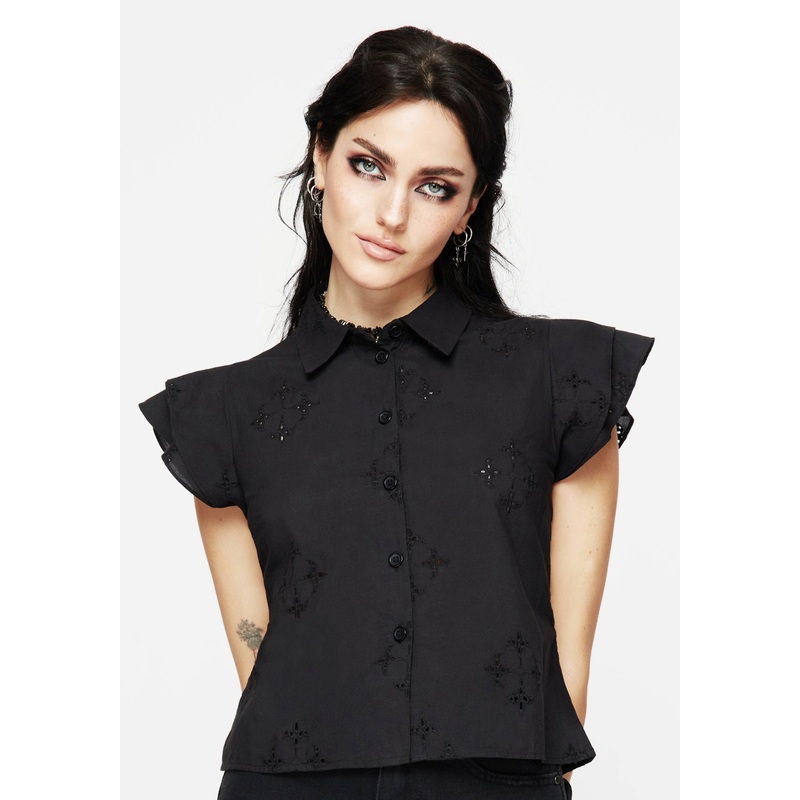 Crux Broderie Cotton Frill Sleeve Button Up Shirt