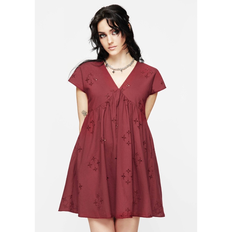 Crux Broderie Cotton Smock Mini Dress – Red