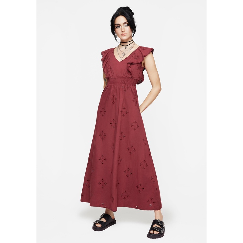 Crux Broderie Cotton V-Neck Frill Maxi Dress