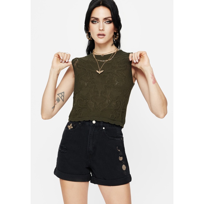 Griffinfly Embroidered Distressed Denim Shorts