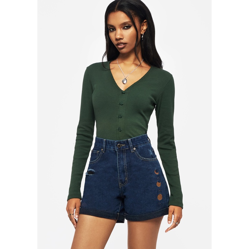 Griffinfly Embroidered Distressed Denim Shorts – Blue