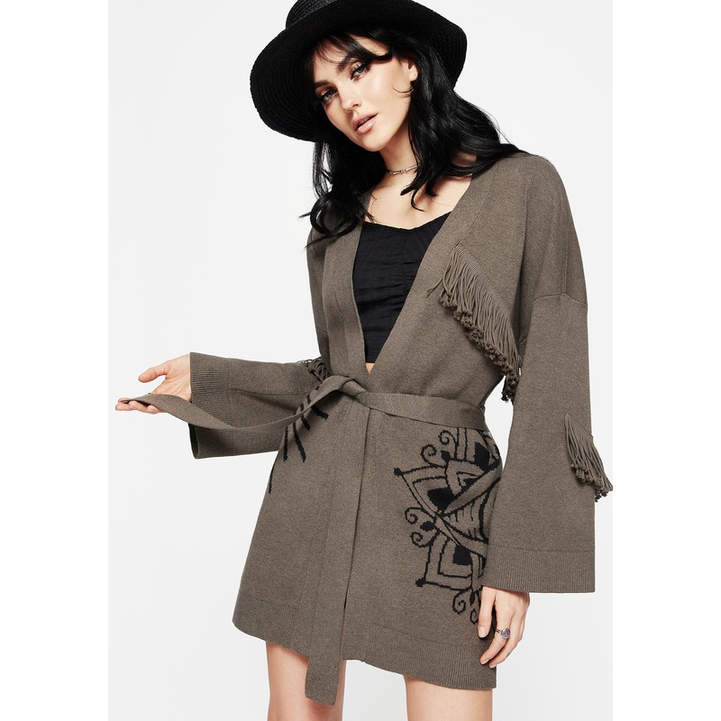 Iris Flare Sleeve Longline Fringe Knit Cardigan
