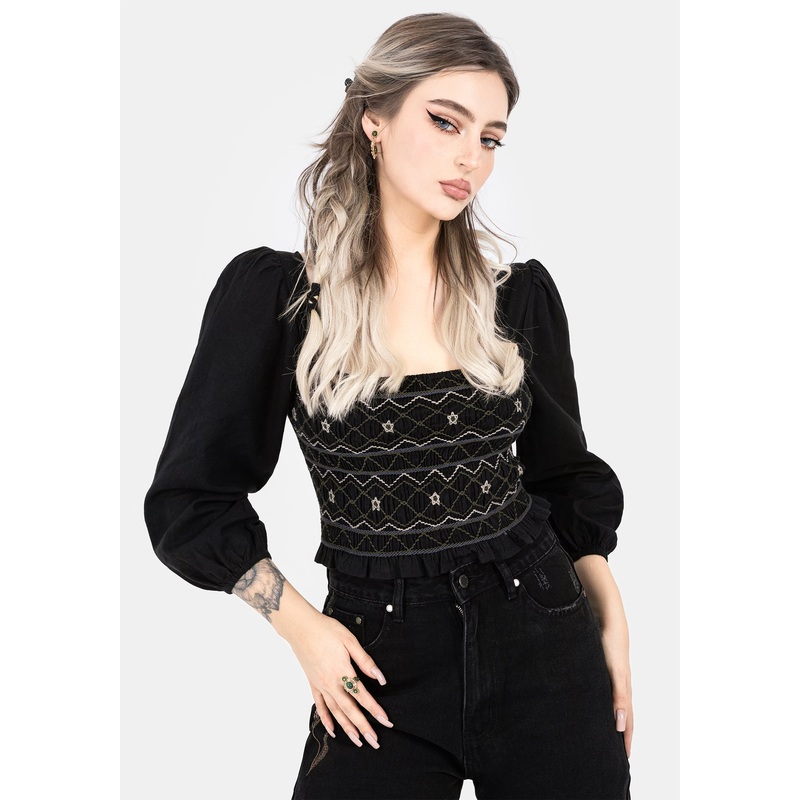 Larissa Hand Embroidered Smocked Puff Sleeve Top
