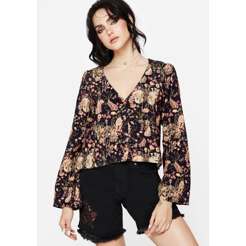 Pixie Floral Print Button Up Blouse Top