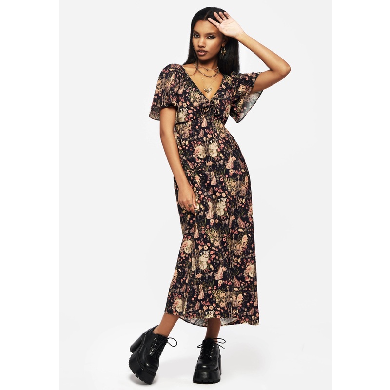 Pixie Floral Print Tie Front Maxi Dress