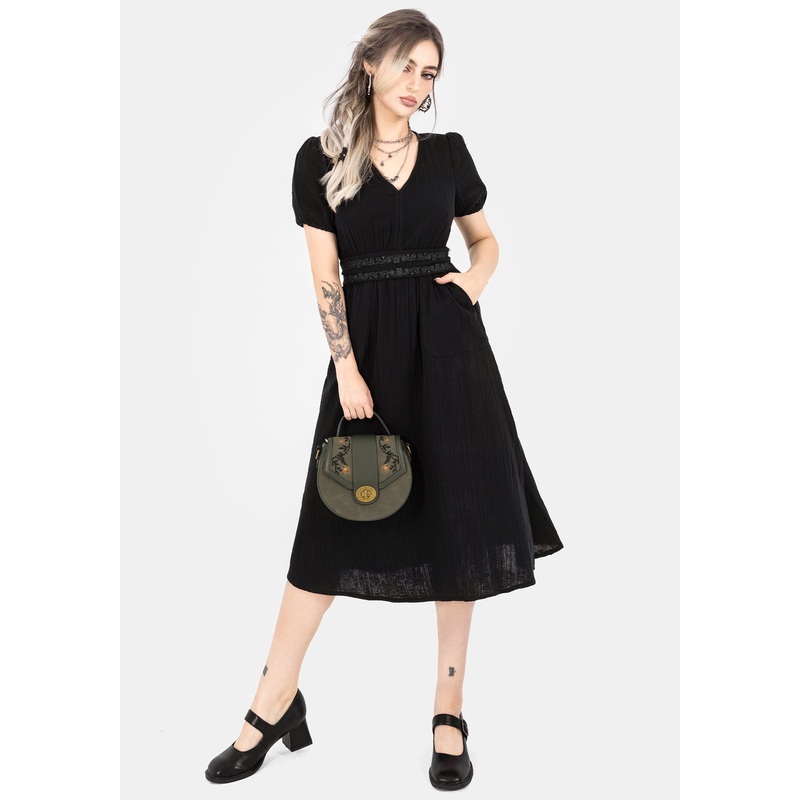 Poultice Embroidered Cotton Midi Dress – Black