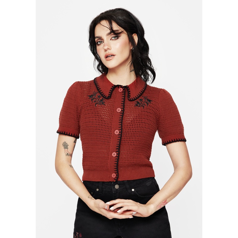 Saffron Floral Embroidered Scallop Collar Pointelle Knit Cardigan