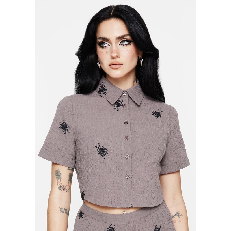 Stag Beetle Embroidered Button Up Shirt