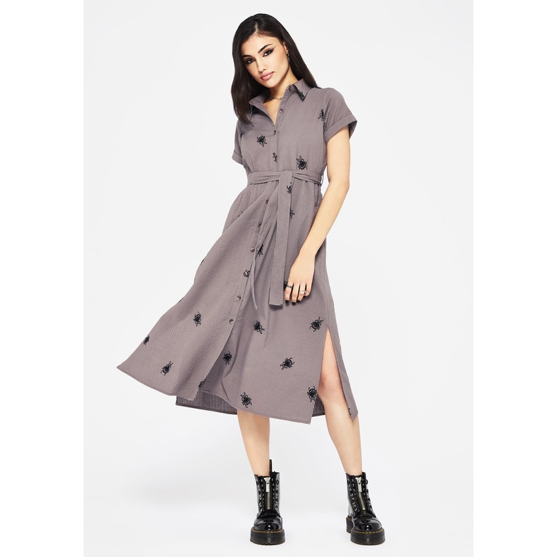 Stag Beetle Embroidered Midi Shirt Dress