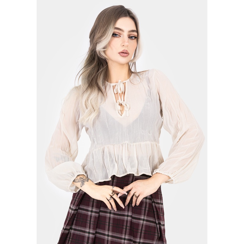 Villain Textured Tie Front Peplum Blouse – White