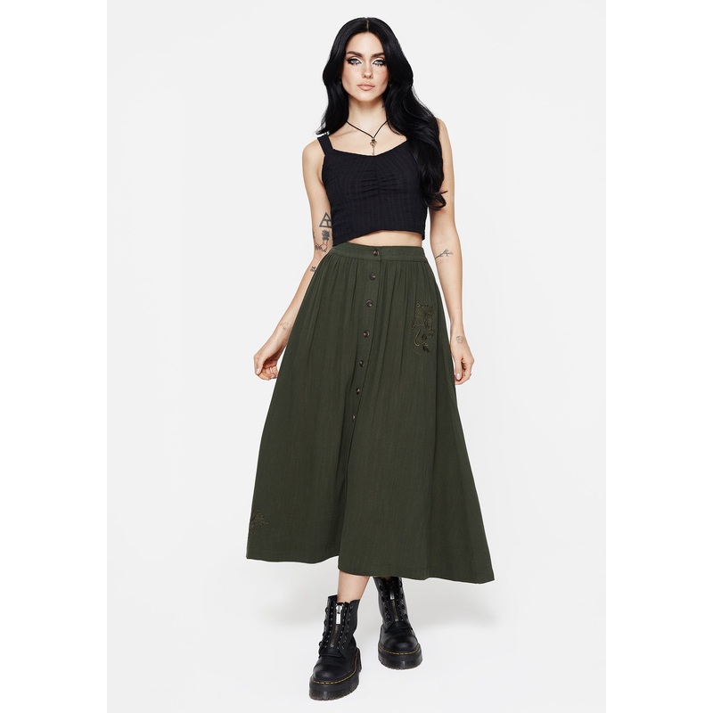 Foliate Linen-Blend Embroidered Button Up Midaxi Skirt – Green