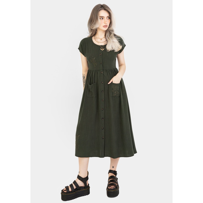 Foliate Linen-Blend Embroidered Button Up Midi Dress – Green