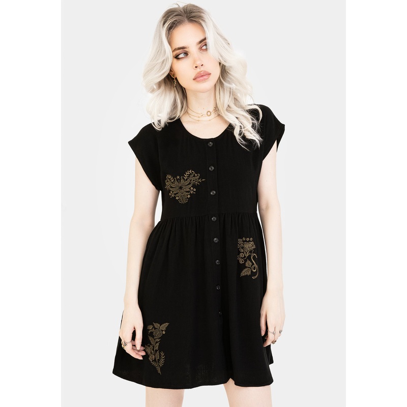 Foliate Linen-Blend Embroidered Button Up Mini Dress – Black
