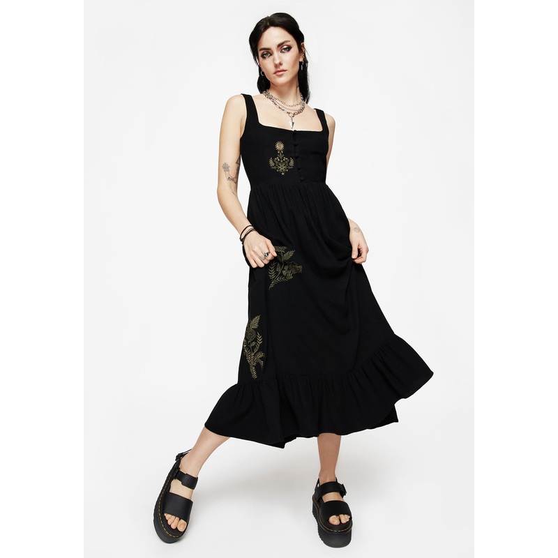 Foliate Linen-Blend Embroidered Sleeveless Midi Dress – Black