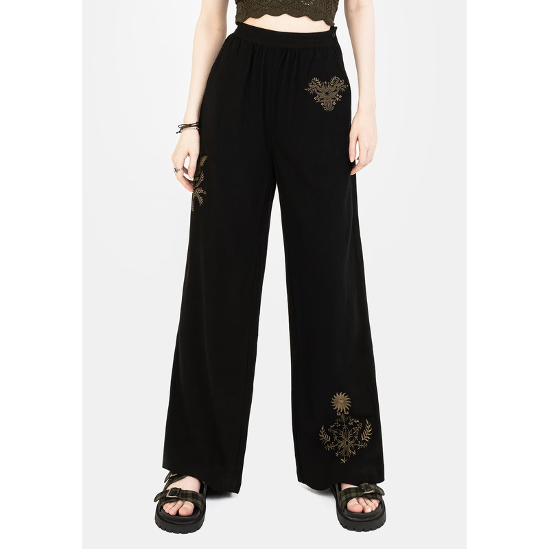 Foliate Linen-Blend Embroidered Wide Leg Trousers – Black
