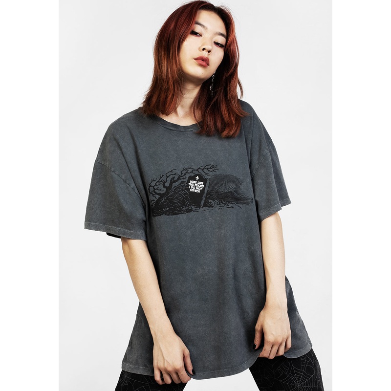 Here Lies Grey Acid Wash Oversized Tee