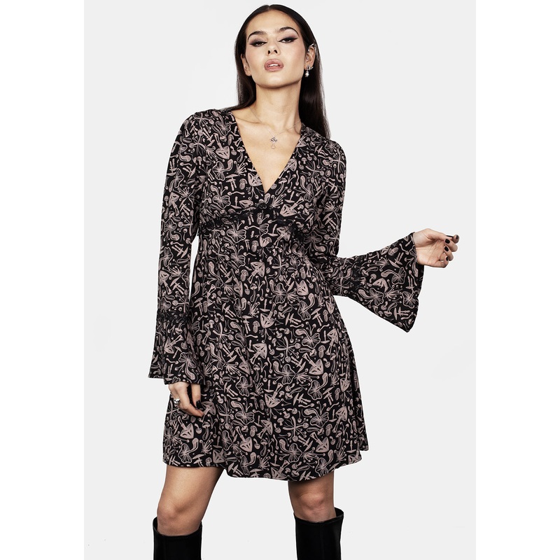 Mycophile Mushroom Print Mini Ruffle Dress