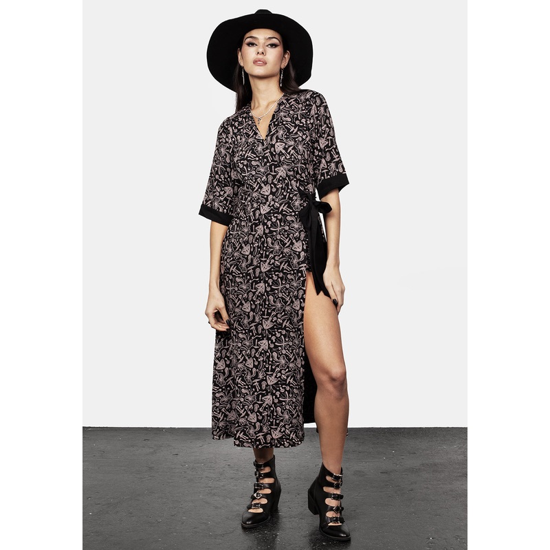 Mycophile Mushroom Print Wrap Midi Dress