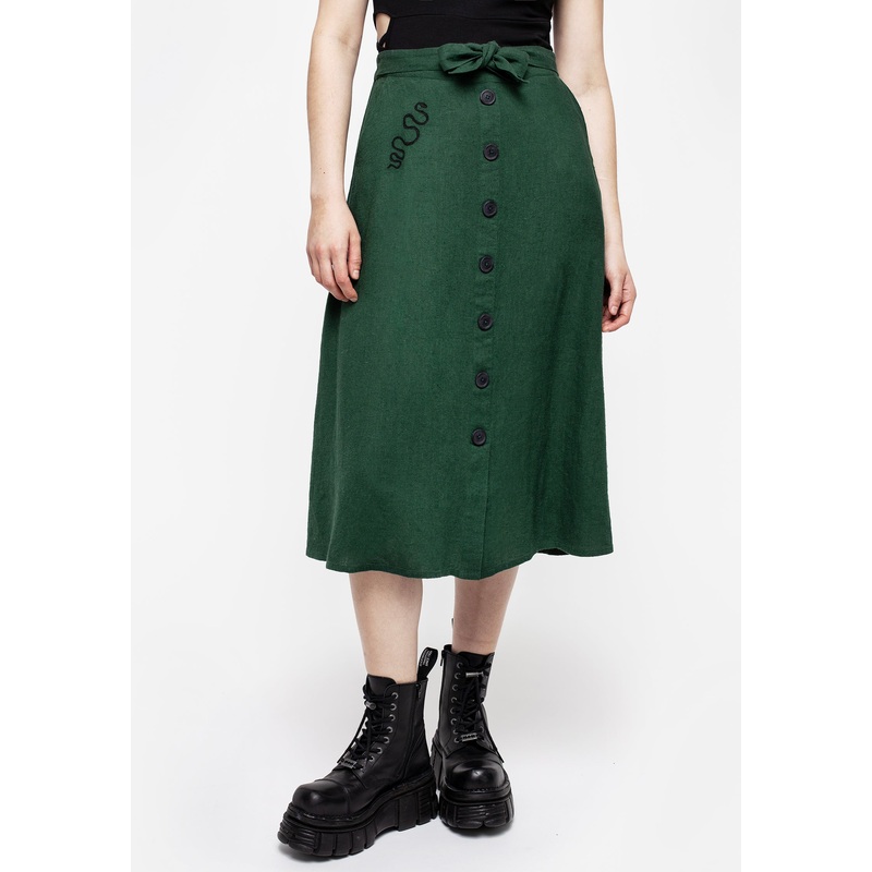Basilisk Green Linen Blend Button Up Midi Skirt