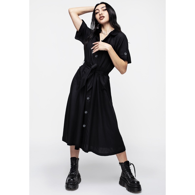 Maidenhair Midi Short Sleeve Shirt Dress – Midnight Black