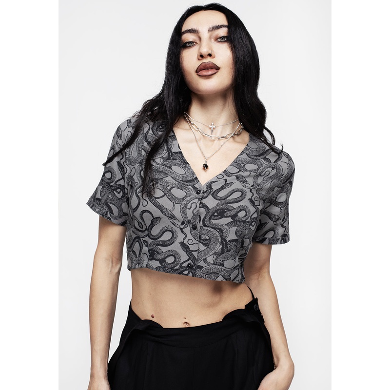 Ophidia Snakes Print Button Down Crop Top – Grey