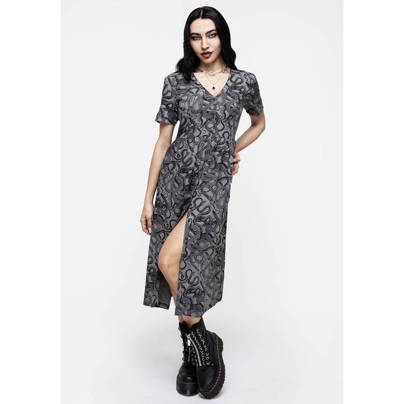 Ophidia Snakes Print Button Down Midi Dress – Grey
