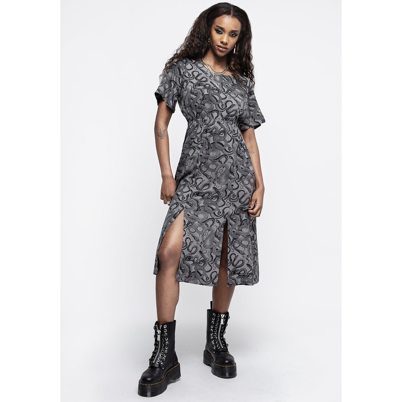 Ophidia Snakes Print Open Back Midi Dress – Grey