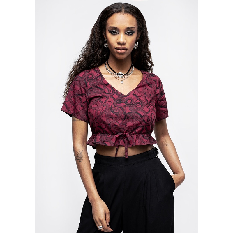 Ophidia Snakes Print Tie Detail Crop Top – Red