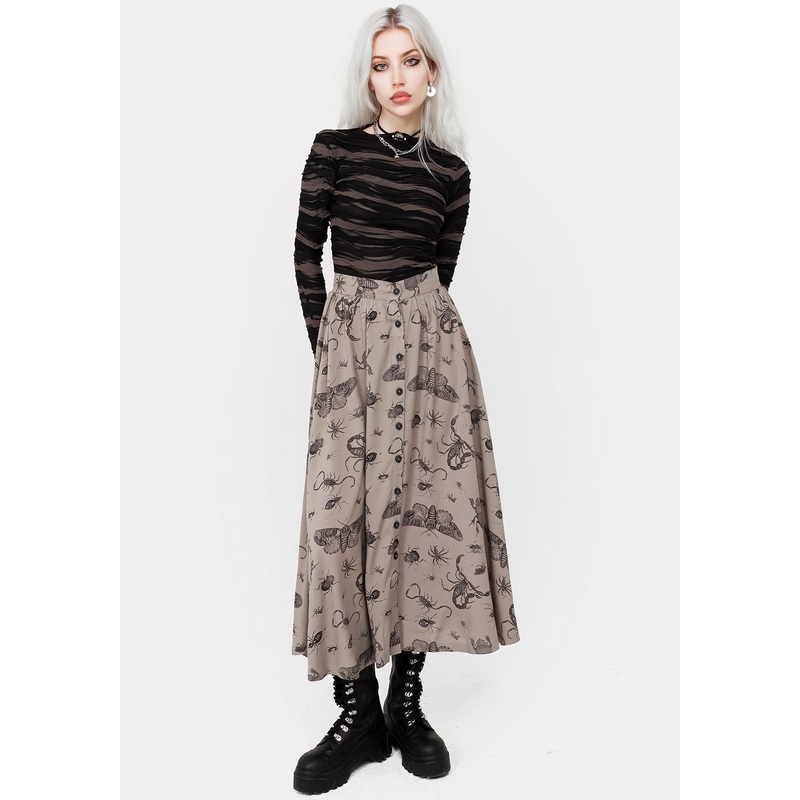 Parasite Bugs Print Button Down Midi Skirt – Taupe