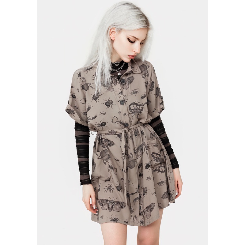 Parasite Bugs Print Mini Short Sleeve Shirt Dress – Taupe