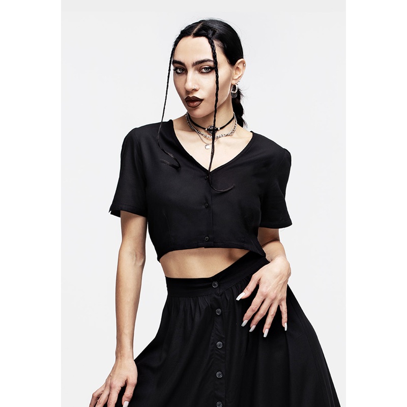 Realm Button Down Crop Top – Midnight Black