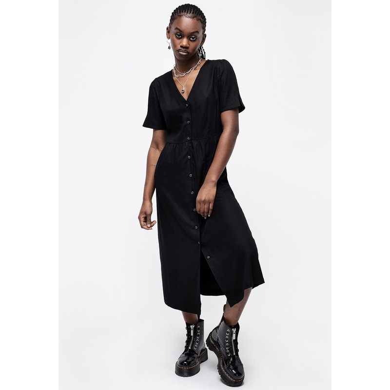 Realm Button Down Midi Dress – Midnight Black