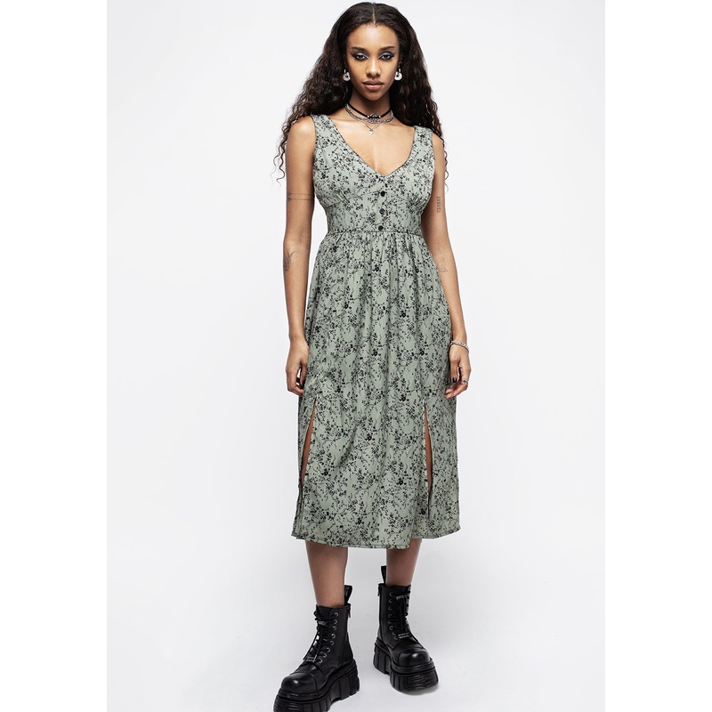 Cassie Green Floral Corset Button Midi Split Dress