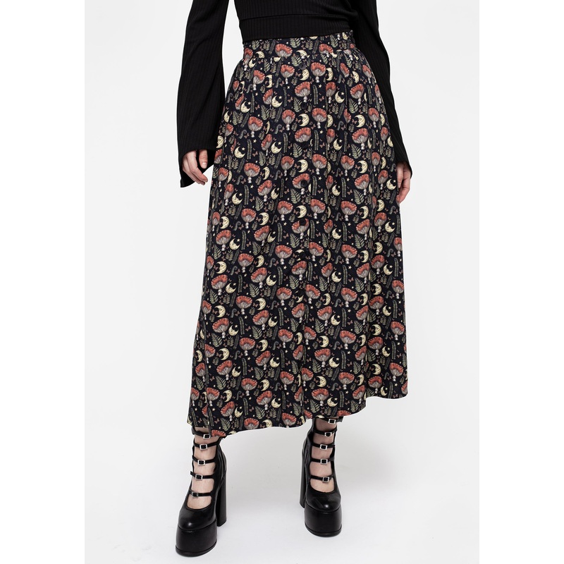 Dreamfast Mushroom Moon Print Button Up Midaxi Skirt
