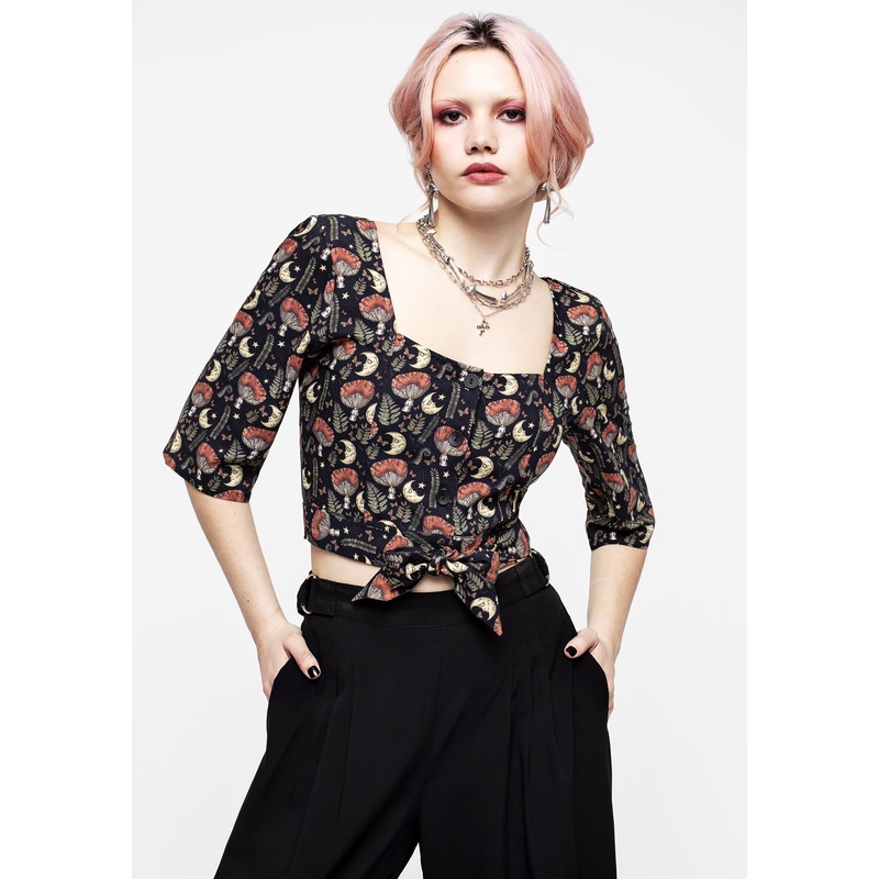 Dreamfast Mushroom Moon Print Button Up Tie Crop Top