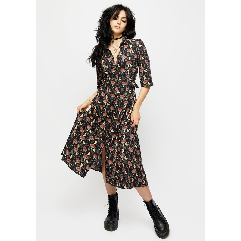 Dreamfast Mushroom Moon Print Midi Shirt Dress