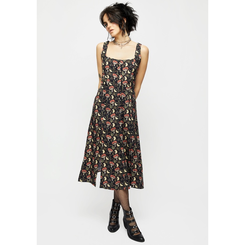 Dreamfast Mushroom Moon Print Square Neck Midi Dress