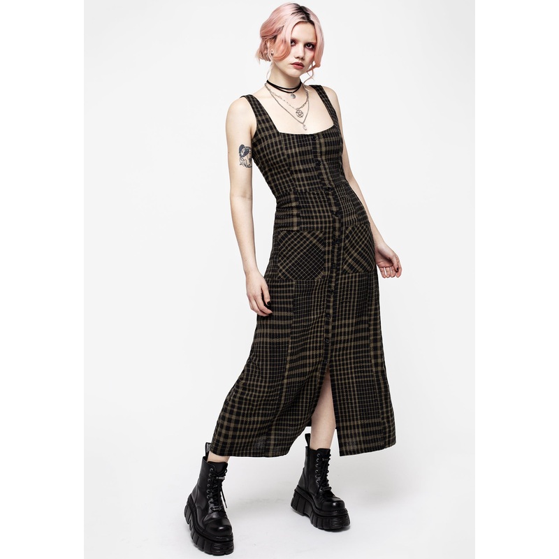 Dropout Check Sleeveless Button Down Midaxi Dress