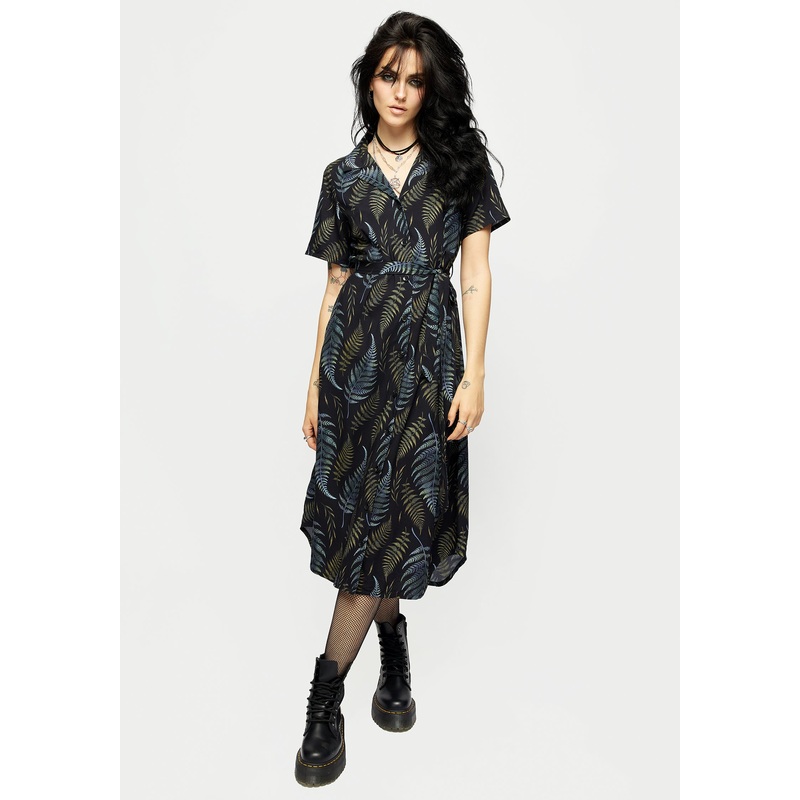 Frond Print Button Up Midi Shirt Dress